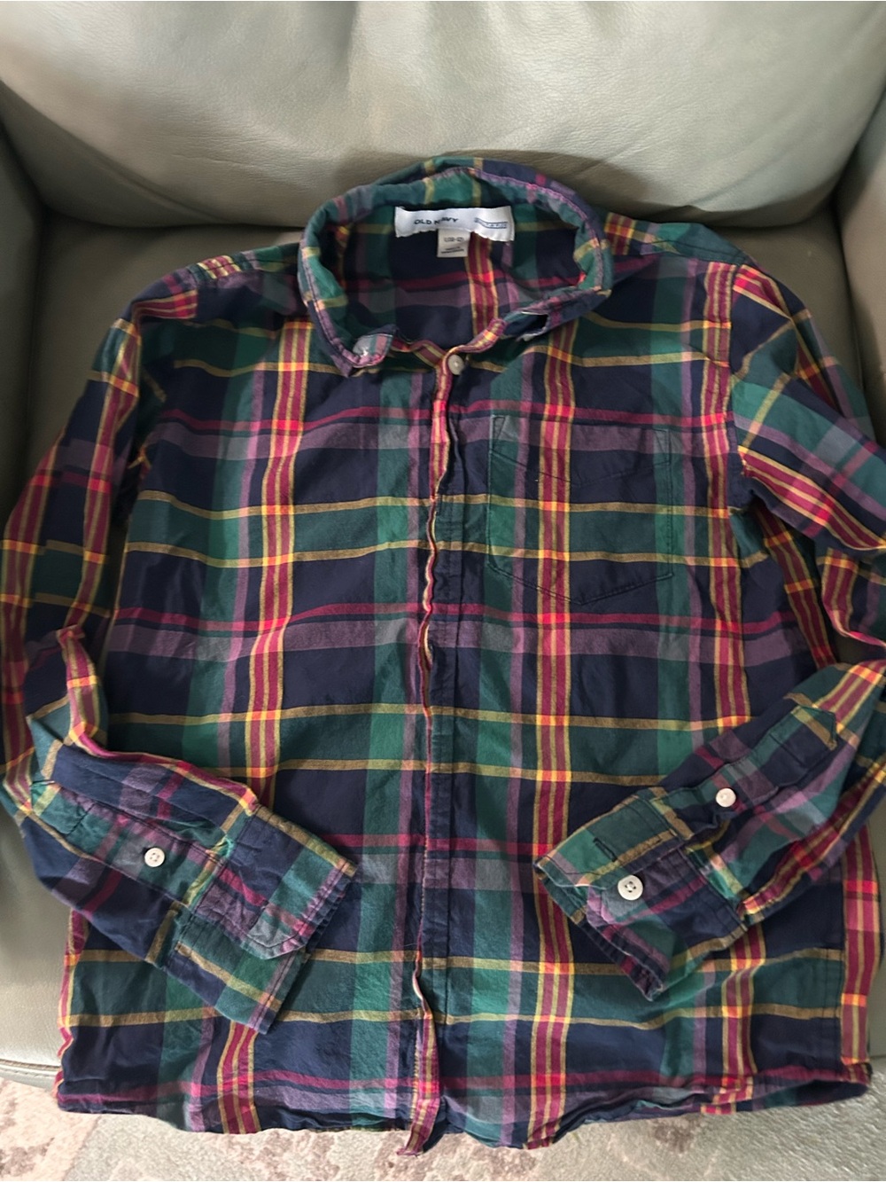 Old Navy Green and Navy Plaid Button-Down Shirt